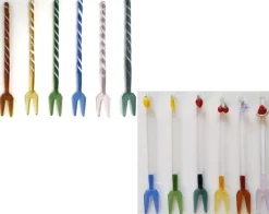 Besteck & Zubehör^Cristalica 6er Set Glas Bowle- Cocktailgabel Partygabel, Länge ca. 15cm, Bunt, Gestreift oder Früchte