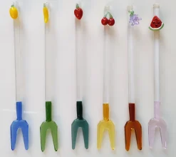 Besteck & Zubehör^Cristalica 6er Set Glas Bowle- Cocktailgabel Partygabel, Länge ca. 15cm, Bunt, Gestreift oder Früchte