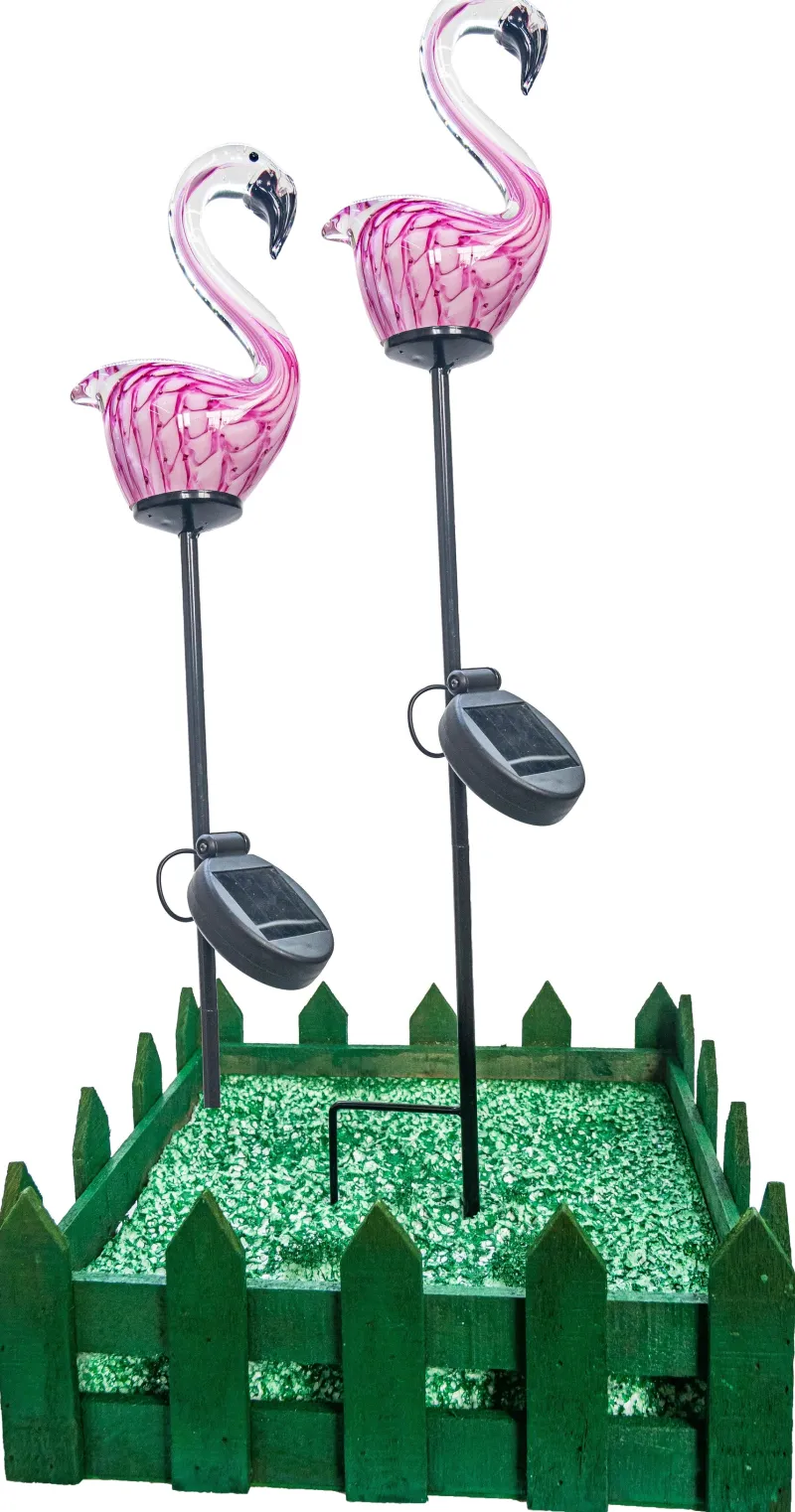 Frauen|Ostern^Cristalica 2er Set Glas Flamingo Pink Höhe ca. 15,5cm, Gartendeko mit Solarlicht & Stab 46cm Handarbeit mit Verpackung