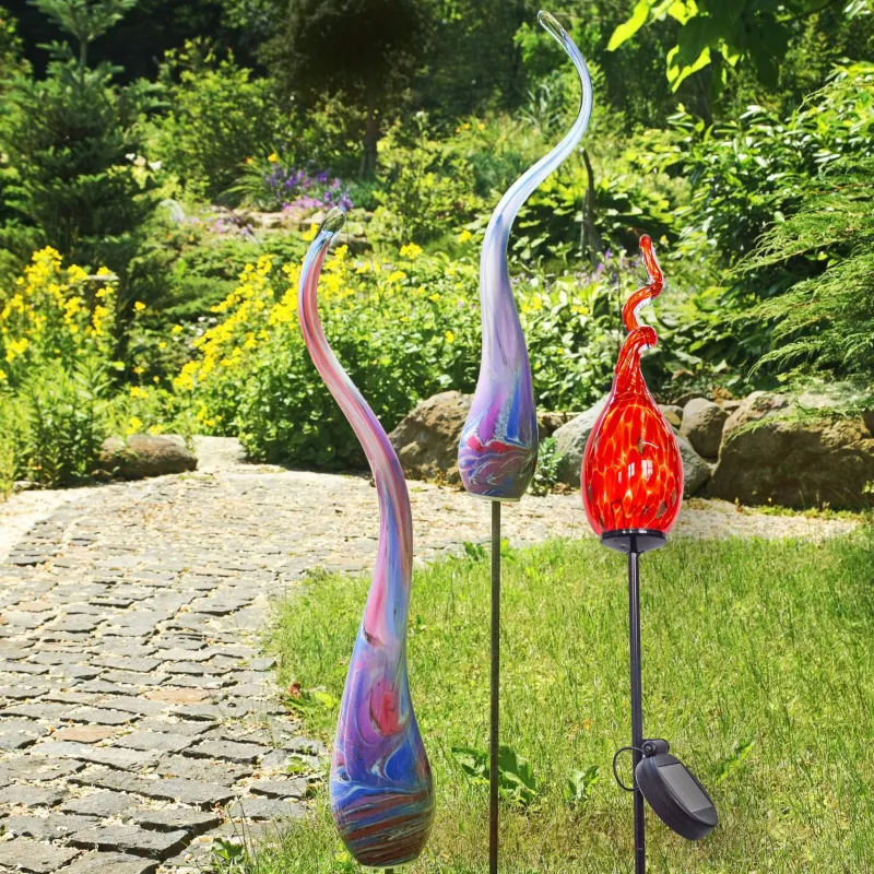 Ostern|Ostern^Cristalica 2er Set Glas Gartenspirale Rot/Orange/Gold Höhe ca. 23cm, Gartendeko mit Solarlicht & Stab 46cm Handarbeit mit Verpackung