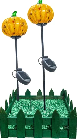 Halloween^Cristalica 2er Set Glas Kürbis Gelb/Bunt Höhe ca. 11cm, Gartendeko mit Solarlicht & Stab 46cm Handarbeit mit Verpackung