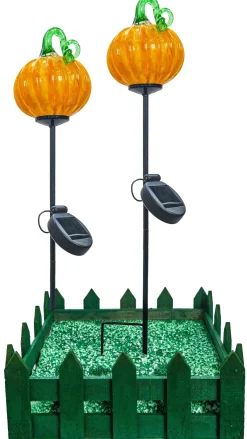 Halloween^Cristalica 2er Set Glas Kürbis Gelb/Orange/ Grün Höhe ca. 12cm, Gartendeko mit Solarlicht & Stab 46cm Handarbeit mit Verpackung