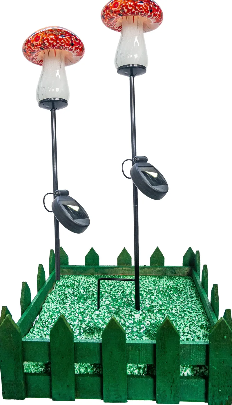 Ostern|Ostern^Cristalica 2er Set Glas Pilz Rot/Bunt Höhe ca. 12,5cm, Gartendeko mit Solarlicht & Stab 46cm Handarbeit mit Verpackung