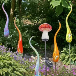 Ostern|Ostern^Cristalica 2er Set Glas Pilz Rot/Bunt Höhe ca. 12,5cm, Gartendeko mit Solarlicht & Stab 46cm Handarbeit mit Verpackung