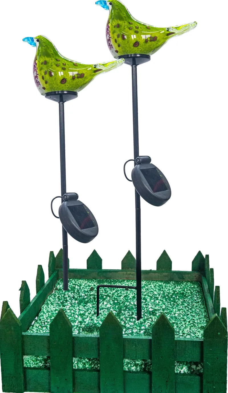 Ostern|Ostern^Cristalica 2er Set Glas Vogel Grün/Lila Höhe ca. 8,5cm, Gartendeko mit Solarlicht & Stab 46cm Handarbeit mit Verpackung