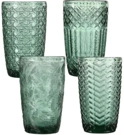 Longdrinkgläser^Cristalica 4er Set Longdrinkglas, Saftglas, Wasserglas Grün mit Gemischten Motive, ca. 380ml