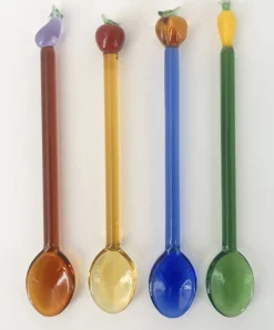 Besteck & Zubehör|Ostern^Cristalica 4er Set Marmeladenlöffel / Cocktaillöffel aus Glas, Länge ca. 14cm, Amber/ Blau/ Gelb/,Grün ,mit Früchte