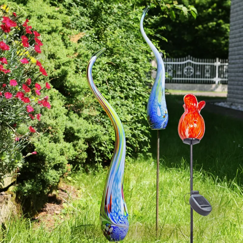 Valentienstag^Cristalica Glas Blume Rot/Orange Höhe ca. 12cm, Gartendeko mit Solarlicht & Stab 46cm Handarbeit ohne Verpackung