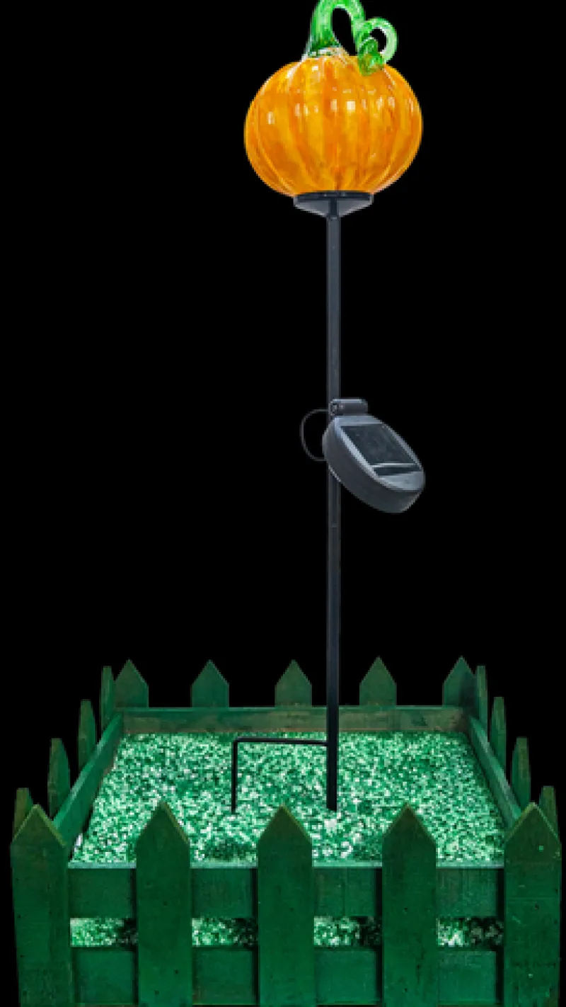 Halloween^Cristalica Glas Kürbis Gelb/Orange/ Grün Höhe ca. 12cm, Gartendeko mit Solarlicht & Stab 46cm Handarbeit ohne Verpackung
