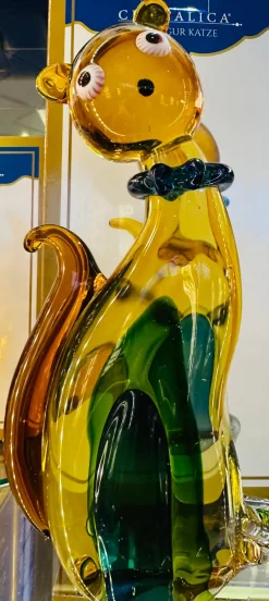 Tiere & Figuren|Hund & Katze^Cristalica Glasfigur Katze Höhe ca. 26cm Amber/Braun/Blau Handarbeit
