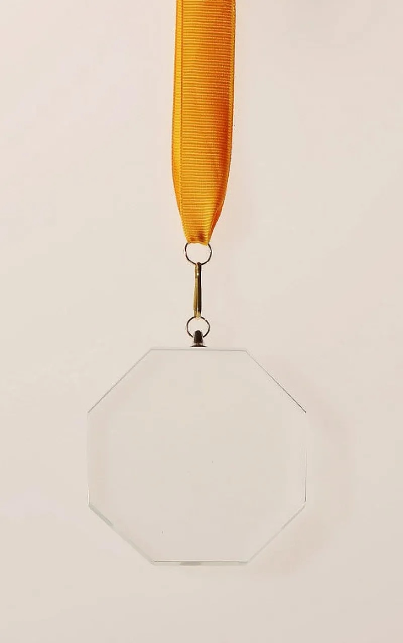 Pokal & Glasblock^Fan Unikate Glas-Medaille Achteck Pokal 7,5 cm inkl. Band und Verpackung