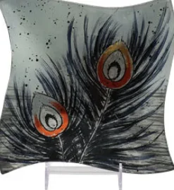 Glasteller^Cristalica Glasplatte Pfauenfeder Raute, Glasschale Teller Tischdeko ca. 23 cm Handmade