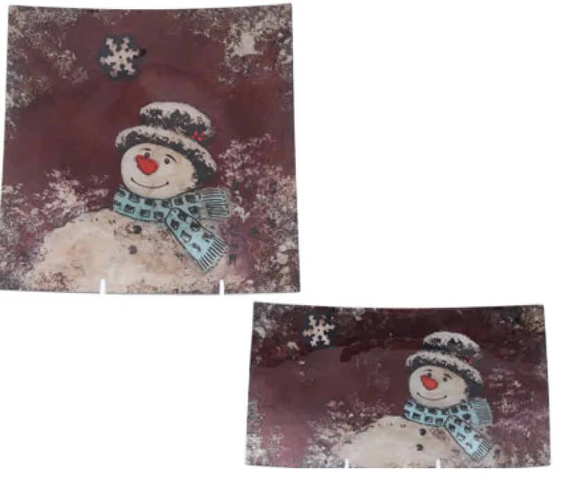 Teller & Platten|Weihnachten^Cristalica Glasplatte rot mit Schneemann, Glasschale Teller Tischdeko Handmade
