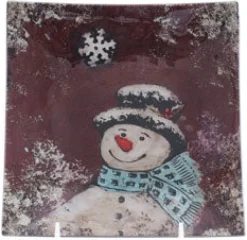 Teller & Platten|Weihnachten^Cristalica Glasplatte rot mit Schneemann, Glasschale Teller Tischdeko Handmade