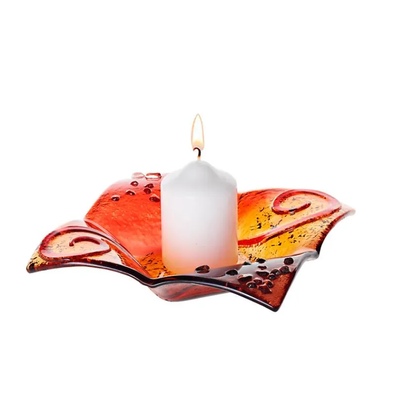 Kerzenhalter^Art Glass Kerzenhalter Glasschale Blüte Tischdekoration Fusing Glas rot 16x16cm Handmade