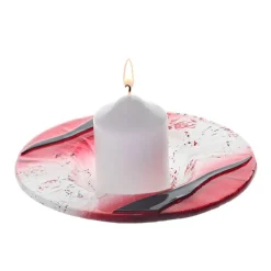 Kerzenhalter^Art Glass Kerzenhalter Kerzenteller Schälchen rund Deko Fusingglas weiß rot 16cm Handmade