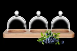 Küchenzubehör^Cristalica Servierset 4-- teilig, 3 Glasglocken und Holzbrett 28 cm Wood