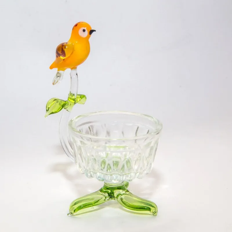 Frauen|Blumen^Art Glass Teelichthalter mit Vogel Blumen 7,5cm Glas Kerzenhalter Dekoration Geschenk