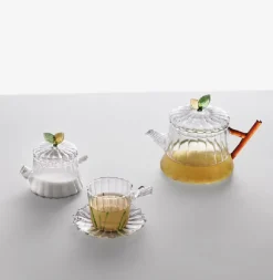 Kaffee & Teeservice^Cristalica Teetasse Kaffeetasse Tasse mit Dekorative Blätter Greenwood ca. 230ml Kristallglas Transparent