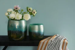 Vasen|Kerzenhalter^Gift Company Windlicht Glas Übertopf Blumenvase Perlmutt grau/grün 17cm